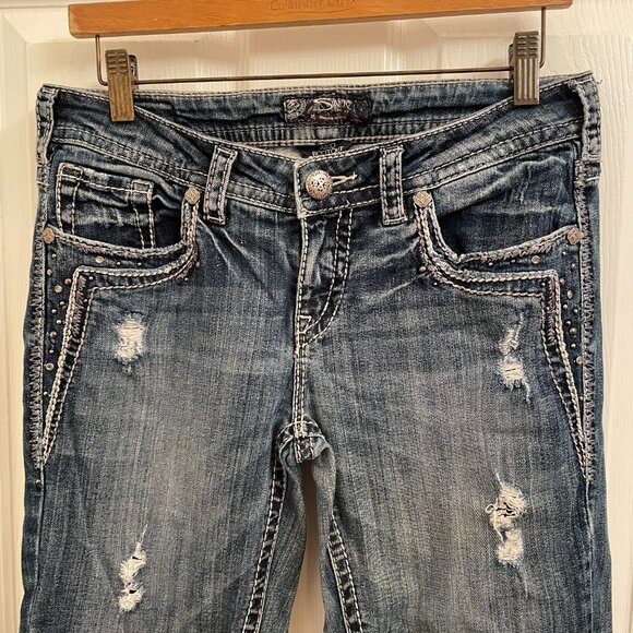 Silver Jeans Aiko Bootcut Distressed Denim Embellished Jeans size 29 x 33 - Picture 5 of 8